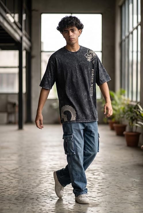 Men's Acid Wash Vintage Oversized T-Shirt | Japanese Dragon Graphic Heavyweight Cotton Streetwear Tee