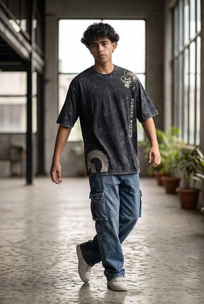Men's Acid Wash Vintage Oversized T-Shirt | Japanese Dragon Graphic Heavyweight Cotton Streetwear Tee