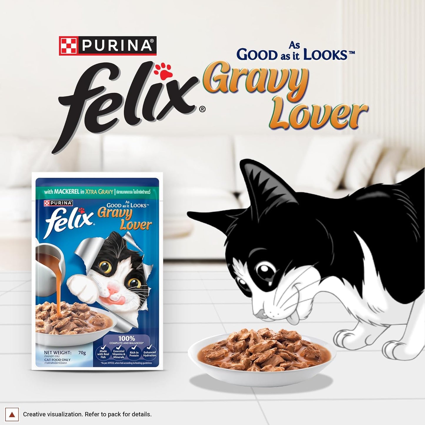 Felix Gravy Lover, Tasty & Real Meaty Mackerel Chunks, Wet Cat Food, Balanced Nutrition, 24 Months, Pack of 12 Pouches (12x70g)