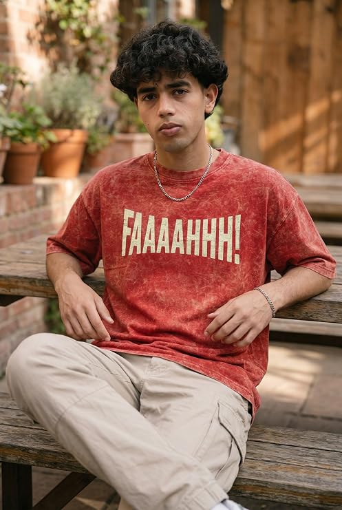 Men's Red Acid Wash Oversized T-Shirt | FAAAAHHH Typography Heavyweight Cotton Streetwear Tee