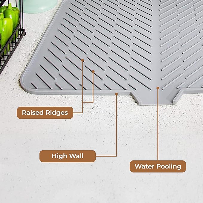 Silicone Dish Drying Mat for Kitchen - Built-in Drain Lip | Hygienic Drying Pad - Sturdy Compact Easy to Clean Tray Protects Surfaces Prevents Water Build Up - 23 X 17 Inches (Grey)