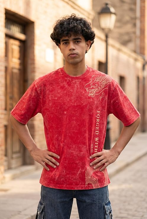 Men's Red Acid Wash Oversized T-Shirt | Japanese Dragon Graphic Heavyweight Cotton Streetwear Tee