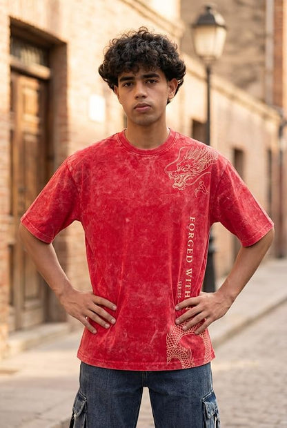 Men's Red Acid Wash Oversized T-Shirt | Japanese Dragon Graphic Heavyweight Cotton Streetwear Tee