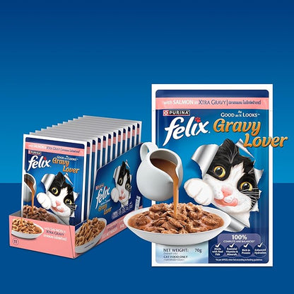 Felix Gravy Lover, Tasty & Real Meaty Salmon Chunks, Wet Cat Food, Balanced Nutrition, 24 Months, Pack of 12 Pouches (12x70g)
