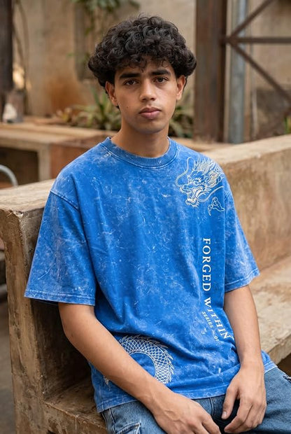 Men's Blue Acid Wash Oversized T-Shirt | Japanese Dragon Graphic Heavyweight Cotton Streetwear Tee