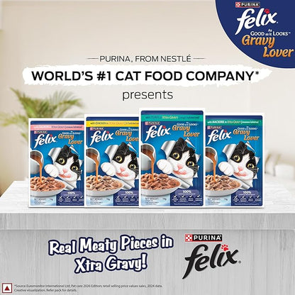 Felix Gravy Lover, Tasty & Real Meaty Chicken Chunks, Wet Cat Food, Balanced Nutrition, 24 Months, Pack of 12 Pouches (12x70g)