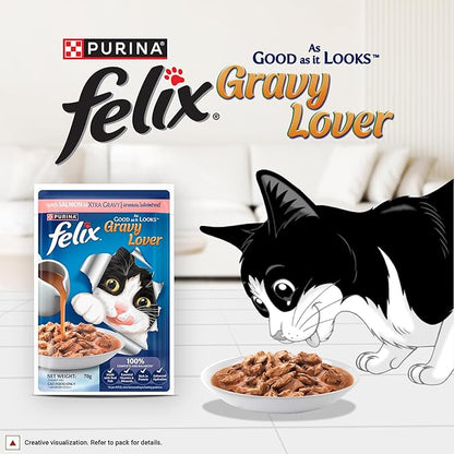 Felix Gravy Lover, Tasty & Real Meaty Salmon Chunks, Wet Cat Food, Balanced Nutrition, 24 Months, Pack of 12 Pouches (12x70g)