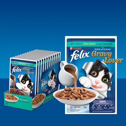 Felix Gravy Lover, Tasty & Real Meaty Tuna Chunks, Wet Cat Food, Balanced Nutrition, 24 Months, Pack of 12 Pouches (12x70g)