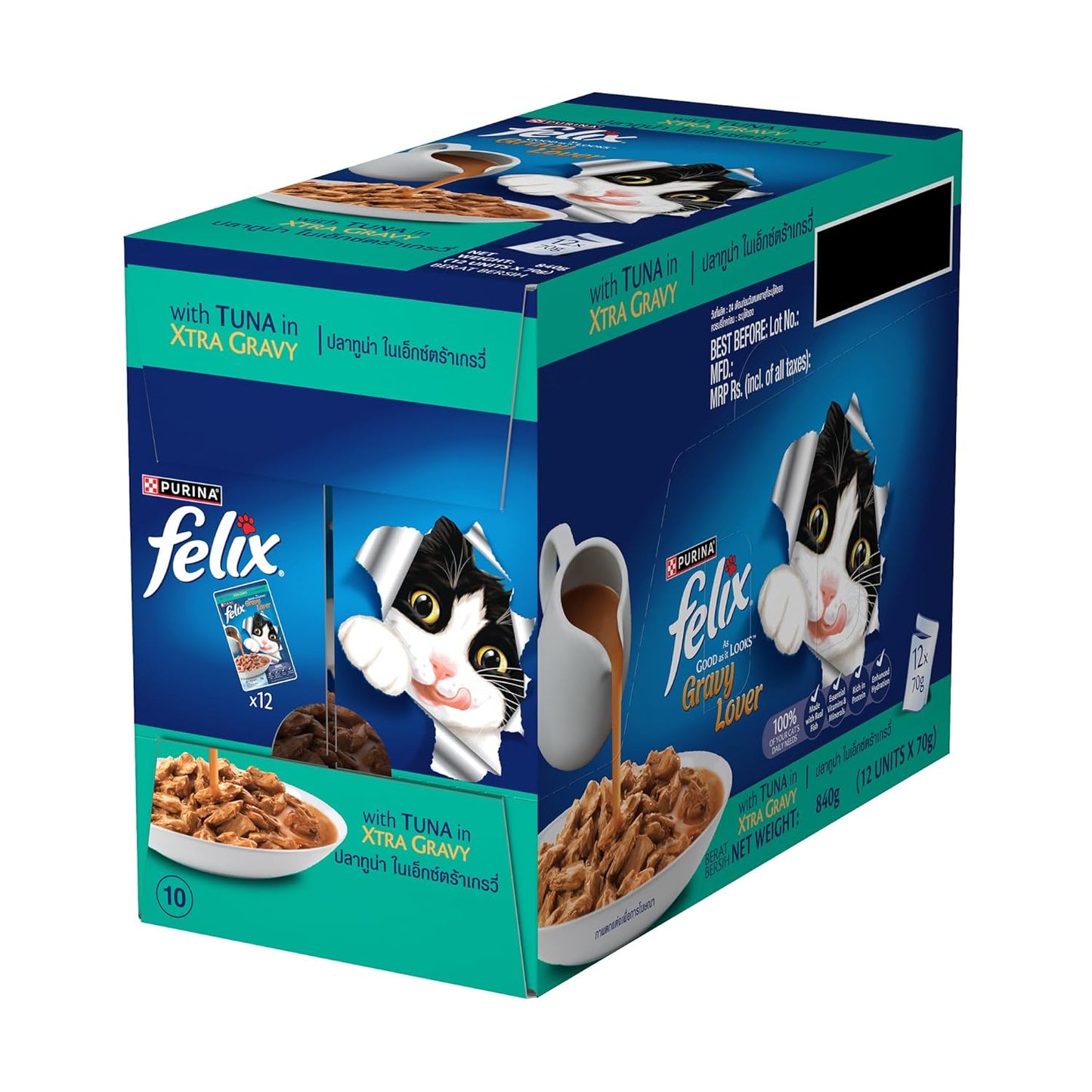 Felix Gravy Lover, Tasty & Real Meaty Tuna Chunks, Wet Cat Food, Balanced Nutrition, 24 Months, Pack of 12 Pouches (12x70g)