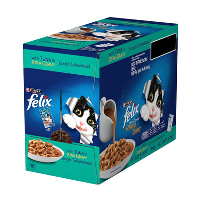 Felix Gravy Lover, Tasty & Real Meaty Tuna Chunks, Wet Cat Food, Balanced Nutrition, 24 Months, Pack of 12 Pouches (12x70g)