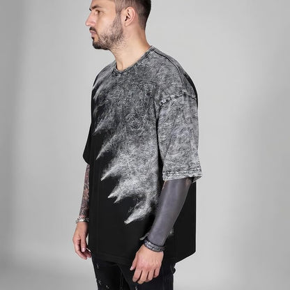 Men's Half Acid Wash Two-Tone Oversized T-Shirt | Heavyweight Cotton Asymmetric Streetwear Tee