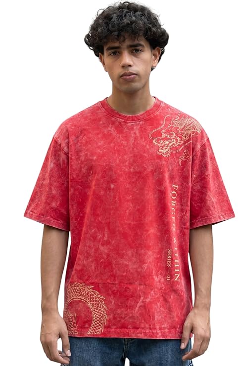 Men's Red Acid Wash Oversized T-Shirt | Japanese Dragon Graphic Heavyweight Cotton Streetwear Tee