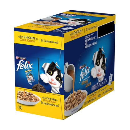 Felix Gravy Lover, Tasty & Real Meaty Chicken Chunks, Wet Cat Food, Balanced Nutrition, 24 Months, Pack of 12 Pouches (12x70g)