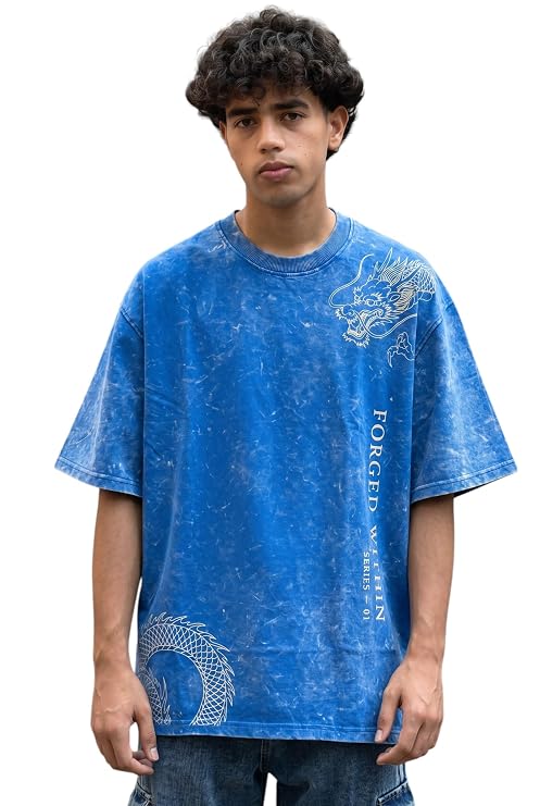 Men's Blue Acid Wash Oversized T-Shirt | Japanese Dragon Graphic Heavyweight Cotton Streetwear Tee