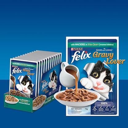 Felix Gravy Lover, Tasty & Real Meaty Mackerel Chunks, Wet Cat Food, Balanced Nutrition, 24 Months, Pack of 12 Pouches (12x70g)