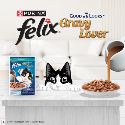 Felix Gravy Lover, Tasty & Real Meaty Tuna Chunks, Wet Cat Food, Balanced Nutrition, 24 Months, Pack of 12 Pouches (12x70g)