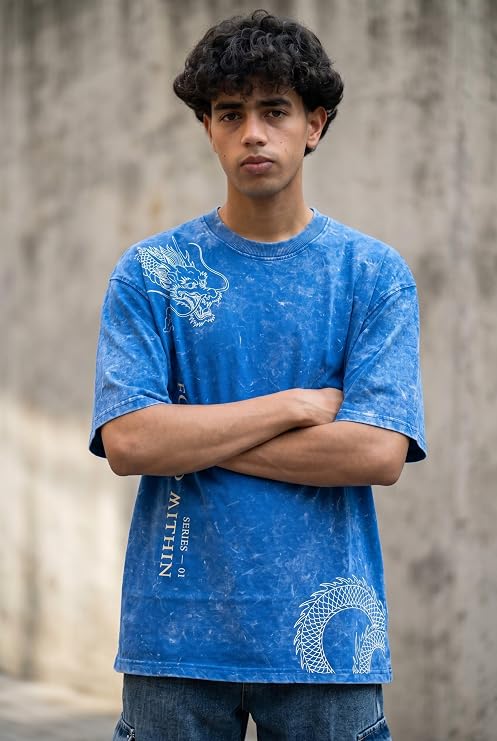 Men's Blue Acid Wash Oversized T-Shirt | Japanese Dragon Graphic Heavyweight Cotton Streetwear Tee