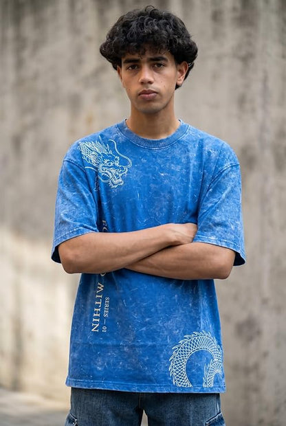 Men's Blue Acid Wash Oversized T-Shirt | Japanese Dragon Graphic Heavyweight Cotton Streetwear Tee
