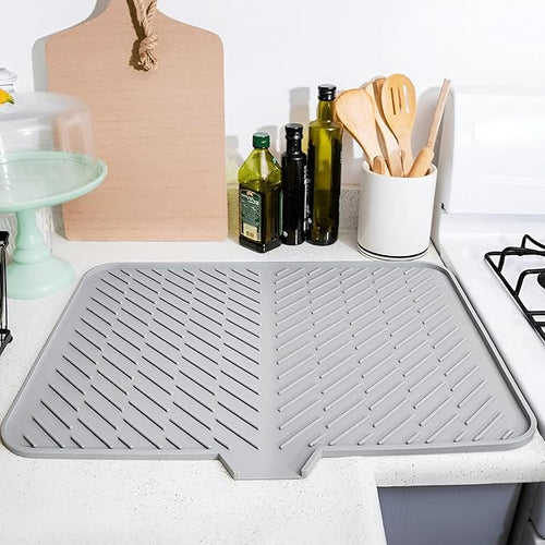 Silicone Dish Drying Mat for Kitchen - Built-in Drain Lip | Hygienic Drying Pad - Sturdy Compact Easy to Clean Tray Protects Surfaces Prevents Water Build Up - 23 X 17 Inches (Grey)