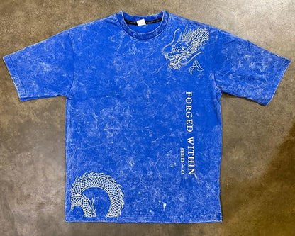 Men's Blue Acid Wash Oversized T-Shirt | Japanese Dragon Graphic Heavyweight Cotton Streetwear Tee