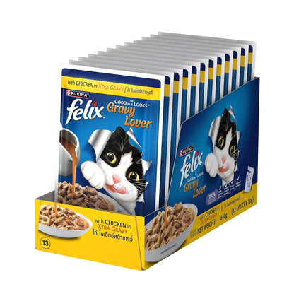 Felix Gravy Lover, Tasty & Real Meaty Chicken Chunks, Wet Cat Food, Balanced Nutrition, 24 Months, Pack of 12 Pouches (12x70g)