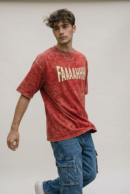 Men's Red Acid Wash Oversized T-Shirt | FAAAAHHH Typography Heavyweight Cotton Streetwear Tee