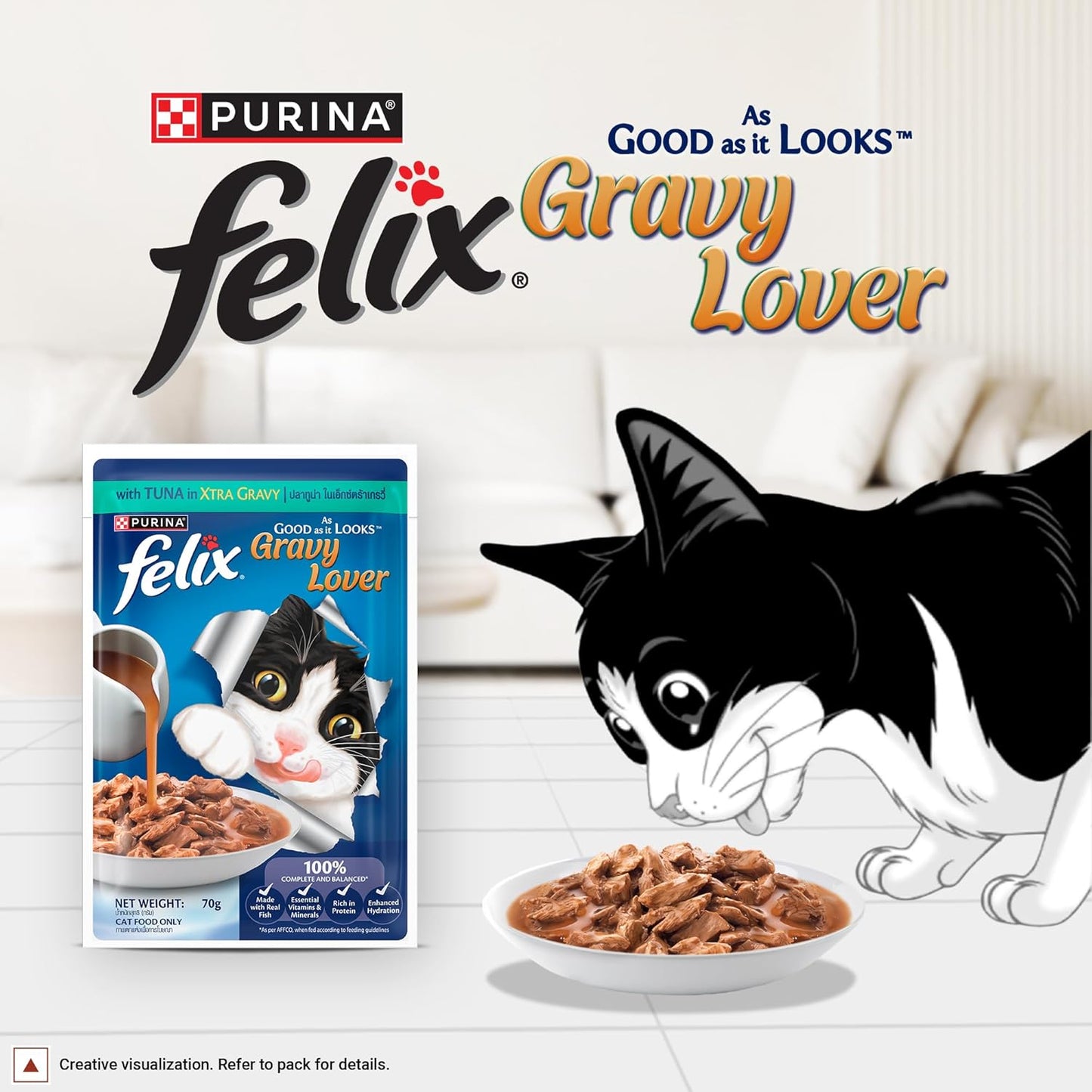 Felix Gravy Lover, Tasty & Real Meaty Tuna Chunks, Wet Cat Food, Balanced Nutrition, 24 Months, Pack of 12 Pouches (12x70g)