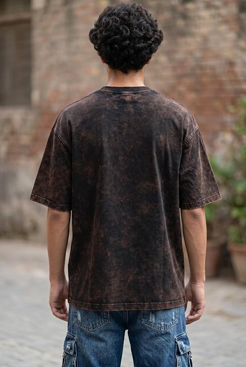 Men's Brown Acid Wash Vintage Plain Oversized T-Shirt | Heavyweight Cotton Blank Streetwear Tee