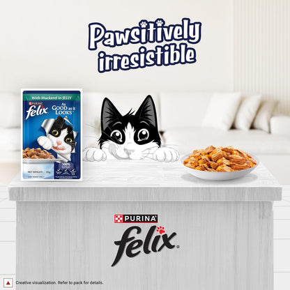Felix with Mackerel in Jelly | Wet Food for Adults | Complete and Balanced Cat Food, Pack of 12 Pouches (12 x 85 g)