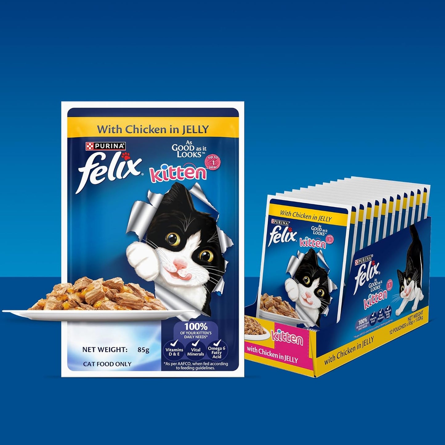 Felix with Chicken in Jelly | Wet Food for Kittens | Complete and Balanced Cat Food, Pack of 12 Pouches (12 x 85 g)