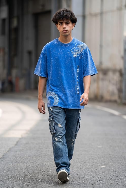 Men's Blue Acid Wash Oversized T-Shirt | Japanese Dragon Graphic Heavyweight Cotton Streetwear Tee