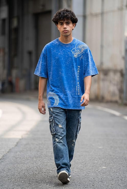 Men's Blue Acid Wash Oversized T-Shirt | Japanese Dragon Graphic Heavyweight Cotton Streetwear Tee