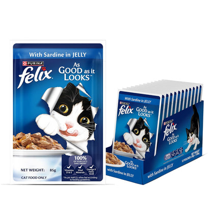 Felix with Sardine in Jelly | Wet Food for Adults | Complete and Balanced Cat Food, Pack of 12 Pouches (12 x 85 g)