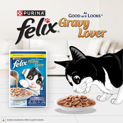 Felix Gravy Lover, Tasty & Real Meaty Chicken Chunks, Wet Cat Food, Balanced Nutrition, 24 Months, Pack of 12 Pouches (12x70g)