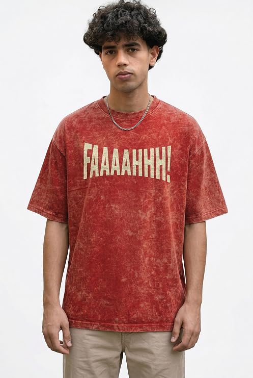 Men's Red Acid Wash Oversized T-Shirt | FAAAAHHH Typography Heavyweight Cotton Streetwear Tee