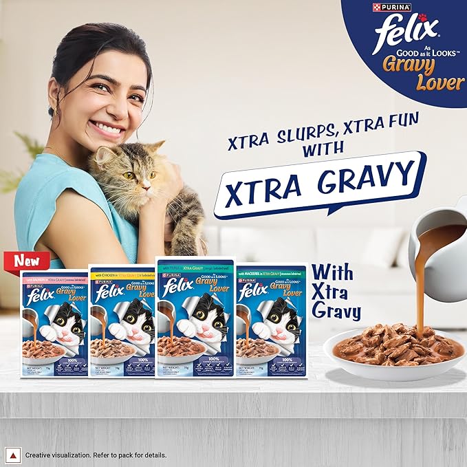 Felix Gravy Lover, Tasty & Real Meaty Chicken Chunks, Wet Cat Food, Balanced Nutrition, 24 Months, Pack of 12 Pouches (12x70g)