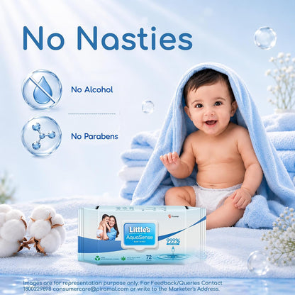 Little's 99.9% Pure Water AquaSense Baby Wipes | Unscented | with Aloe Vera | Pack of 2 X 72 Wipes | Plant-based | 100% Biodegradable | No Paraben