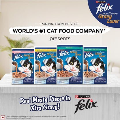 Felix Gravy Lover, Tasty & Real Meaty Mackerel Chunks, Wet Cat Food, Balanced Nutrition, 24 Months, Pack of 12 Pouches (12x70g)