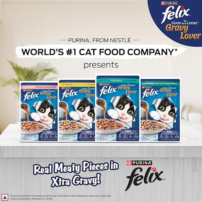 Felix Gravy Lover, Tasty & Real Meaty Salmon Chunks, Wet Cat Food, Balanced Nutrition, 24 Months, Pack of 12 Pouches (12x70g)