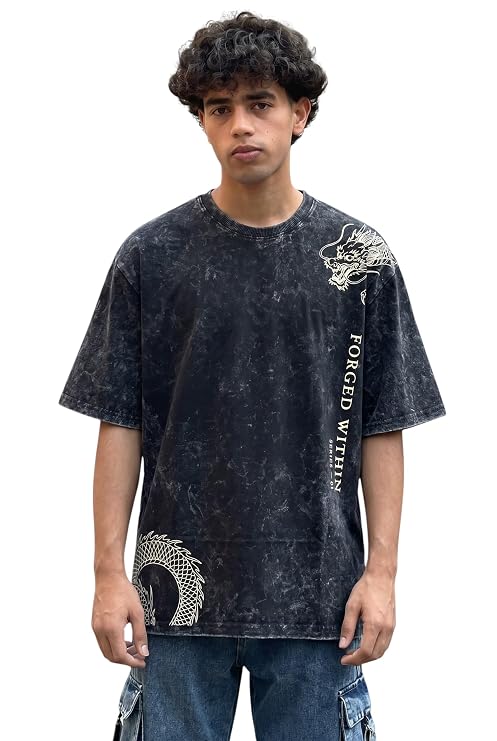 Men's Acid Wash Vintage Oversized T-Shirt | Japanese Dragon Graphic Heavyweight Cotton Streetwear Tee