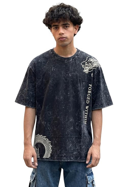 Men's Acid Wash Vintage Oversized T-Shirt | Japanese Dragon Graphic Heavyweight Cotton Streetwear Tee