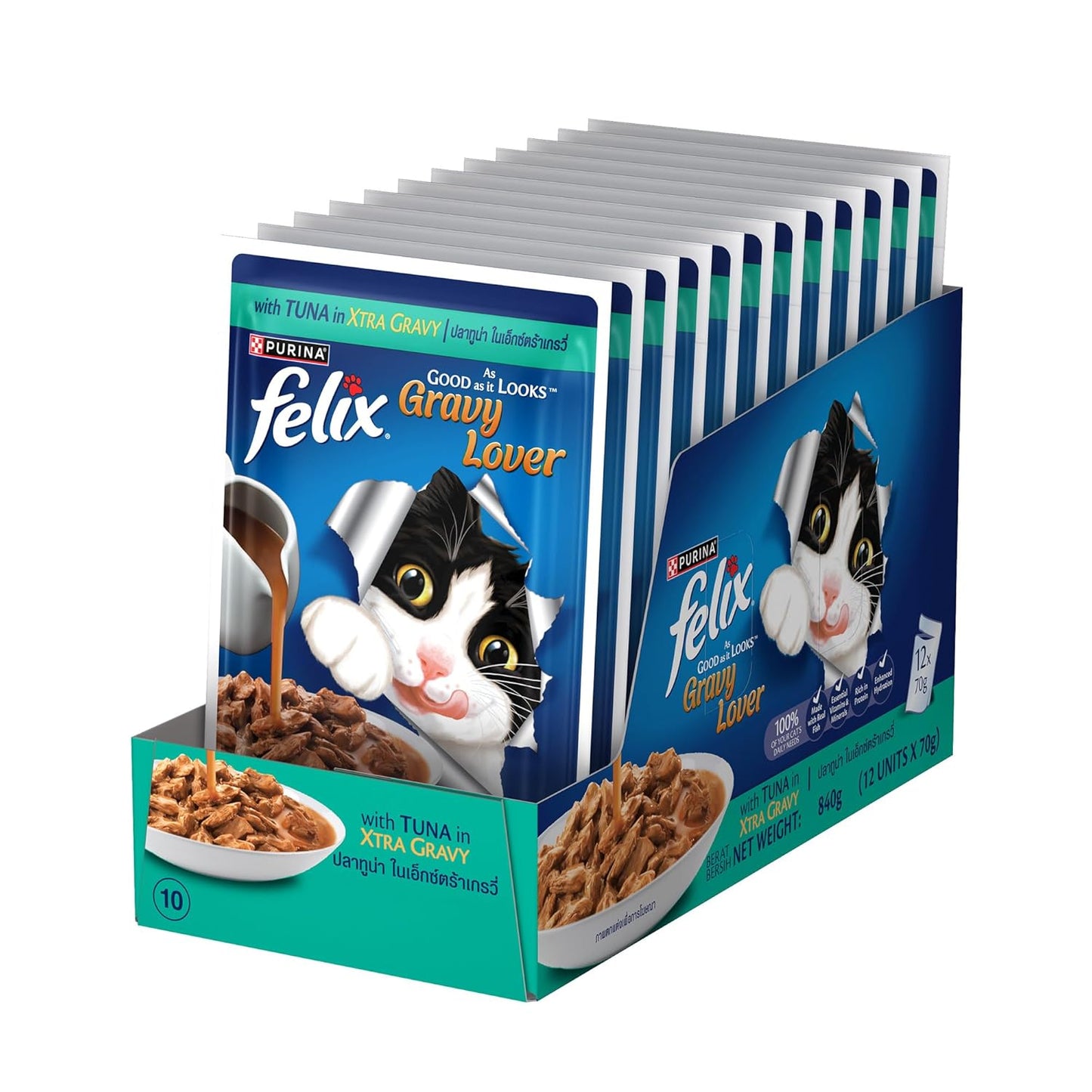Felix Gravy Lover, Tasty & Real Meaty Tuna Chunks, Wet Cat Food, Balanced Nutrition, 24 Months, Pack of 12 Pouches (12x70g)