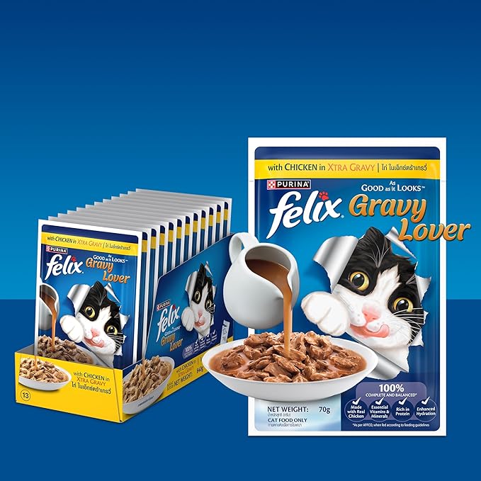 Felix Gravy Lover, Tasty & Real Meaty Chicken Chunks, Wet Cat Food, Balanced Nutrition, 24 Months, Pack of 12 Pouches (12x70g)