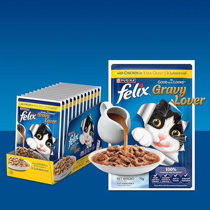 Felix Gravy Lover, Tasty & Real Meaty Chicken Chunks, Wet Cat Food, Balanced Nutrition, 24 Months, Pack of 12 Pouches (12x70g)