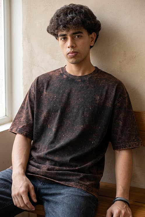 Men's Brown Acid Wash Vintage Plain Oversized T-Shirt | Heavyweight Cotton Blank Streetwear Tee