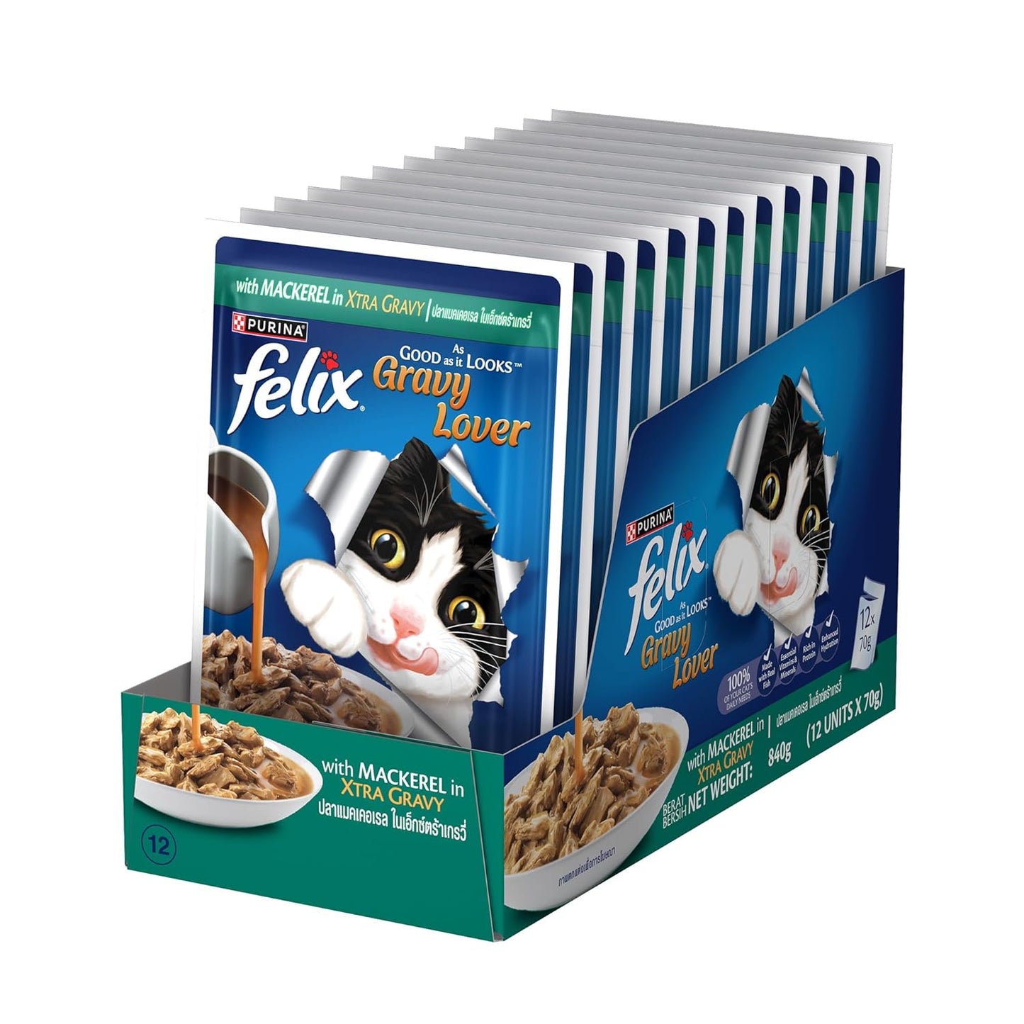 Felix Gravy Lover, Tasty & Real Meaty Mackerel Chunks, Wet Cat Food, Balanced Nutrition, 24 Months, Pack of 12 Pouches (12x70g)