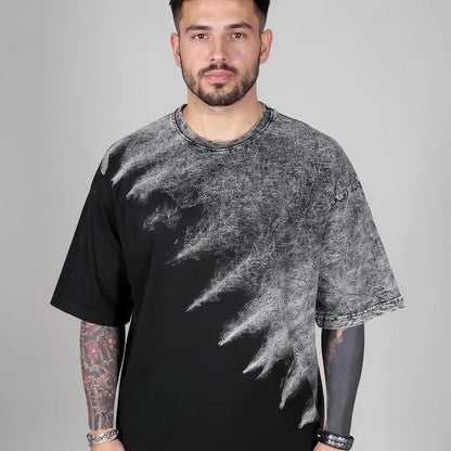 Men's Half Acid Wash Two-Tone Oversized T-Shirt | Heavyweight Cotton Asymmetric Streetwear Tee
