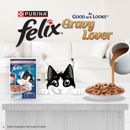 Felix Gravy Lover, Tasty & Real Meaty Salmon Chunks, Wet Cat Food, Balanced Nutrition, 24 Months, Pack of 12 Pouches (12x70g)
