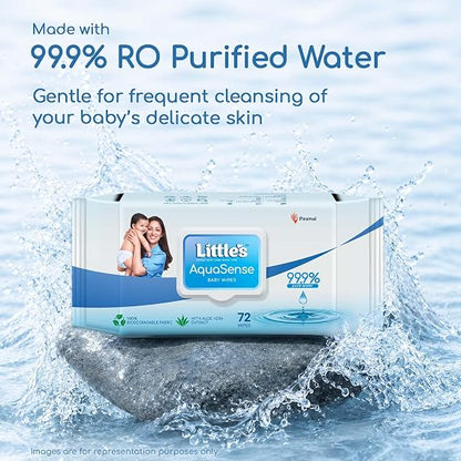 Little's 99.9% Pure Water AquaSense Baby Wipes | Unscented | with Aloe Vera | Pack of 2 X 72 Wipes | Plant-based | 100% Biodegradable | No Paraben