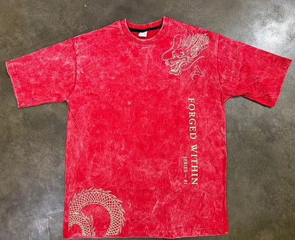 Men's Red Acid Wash Oversized T-Shirt | Japanese Dragon Graphic Heavyweight Cotton Streetwear Tee